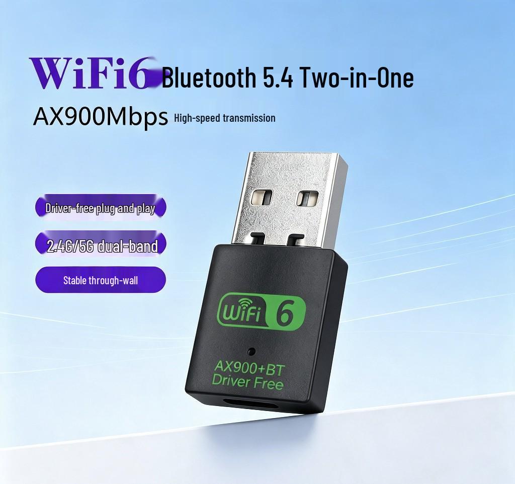 WiFi6 AX900 Dual-Band USB Wireless Network Adapter with Bluetooth, Driver-Free for Desktop Computers.