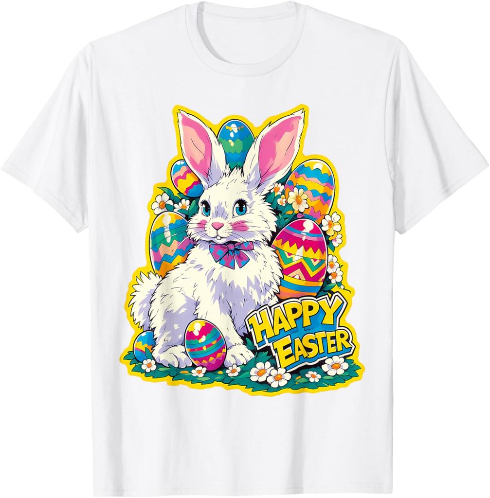 Happy Easter Bunny Floral Eggs Graphic Tee Soft Cotton Casual Short Sleeve T-Shirt