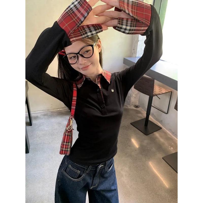 Women's Autumn Plaid Polo Collar Long Sleeve Top, Slim Fit, Embroidered Two-Piece Style