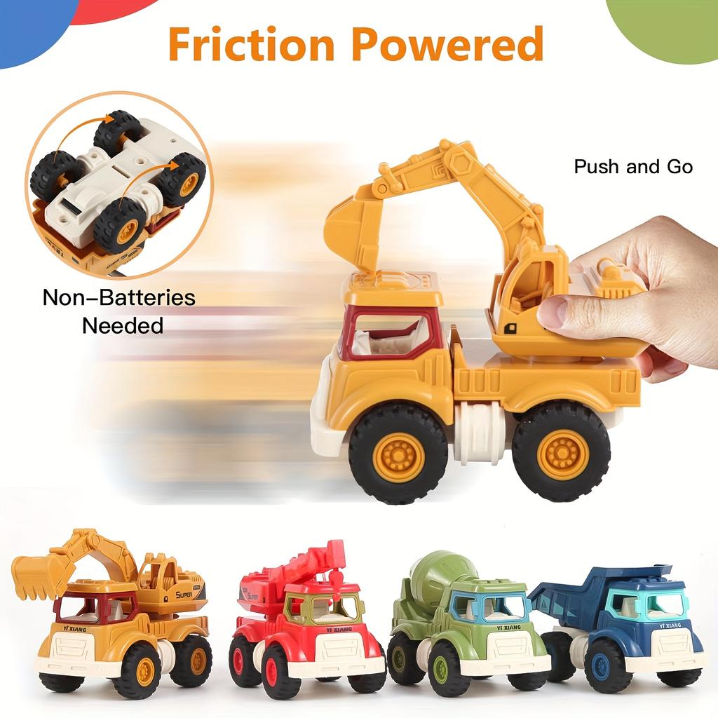 4pcs Vibrant Construction Toy Truck Set for Kids Sandbox Excavator, Dump Truck, Cement Mixer,Crane Durable Plastic, Ideal Christmas Birthday Gift,