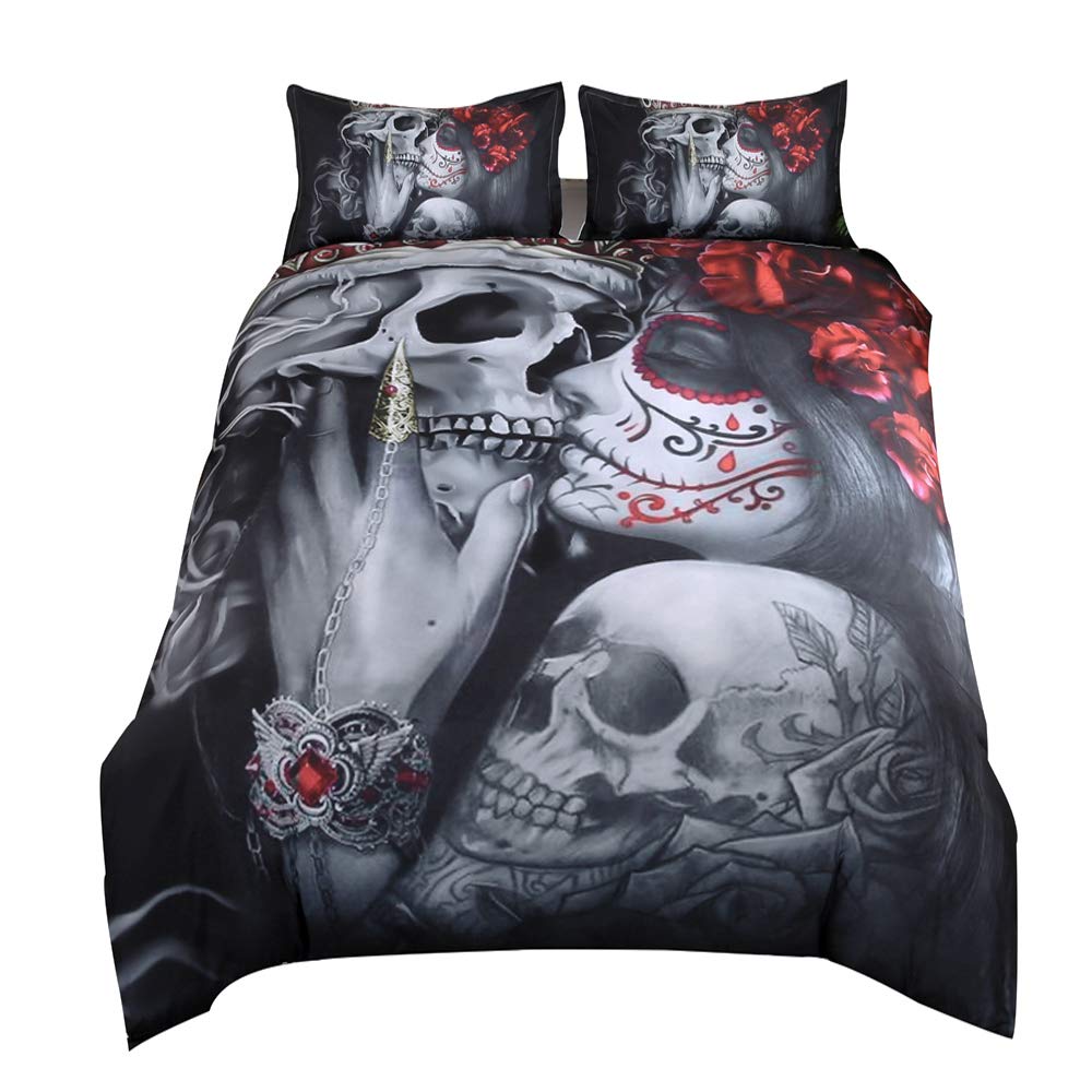 Rose Skull Theme of Valentine's Day Duvet Cover King 3D Skull Printed Bedding Duvet Cover 3 Pieces Lovers Bedding Adults Gifts