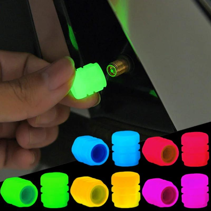 4-Piece Fluorescent Tire Valve Caps - Glowing Stem Covers for Cars, Motorcycles, Bicycles, Universal Auto Valve Core Protectors