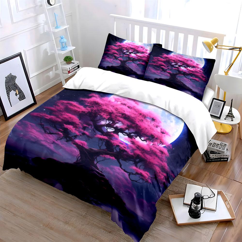 Moonlit Pink Tree Decor Set Soft Comfortable Duvet Cover Bedding Set Included 1*Duvet Cover & 2*Pillowcases, Gift