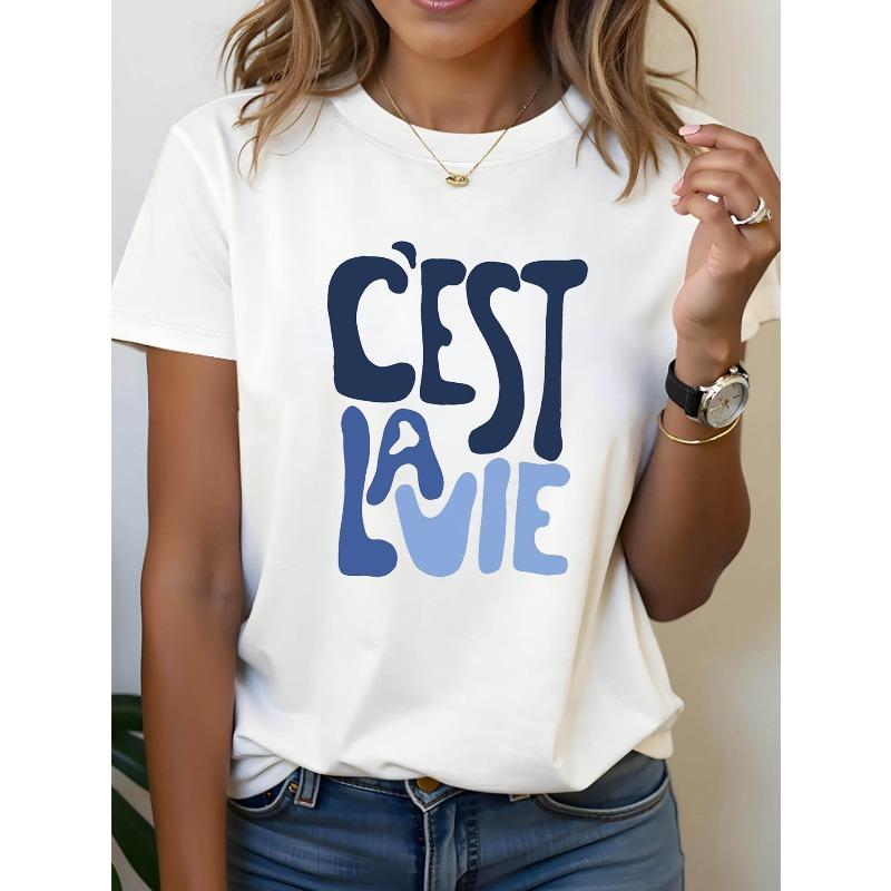 

Plus Size, C EST LA VIE Graphic Print Plus Size Women s T-shirt, Short Sleeve Crew Neck Casual Top for Summer & Spring, Women s Clothing S белый