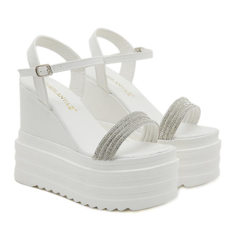 

Женские свадебные туфли со стразами, босоножки, новинка 2025 года, летняя верхняя одежда, увеличивающая рост, туфли на толстой подошве и высоком каблуке 39