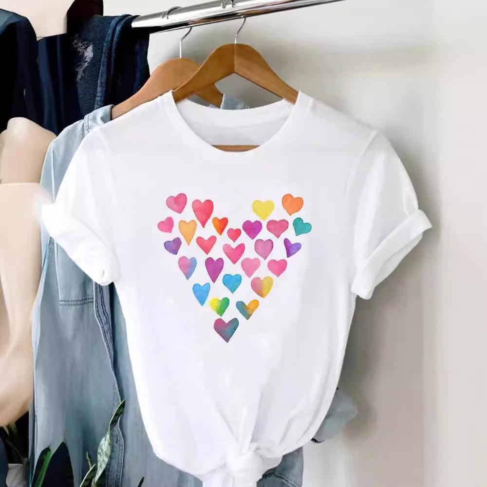 Sommar Rundhalsad Tryckt Topp Trendig Vardaglig Söt Kortärmad Dam Ren Bomull Ren Vit T-shirts