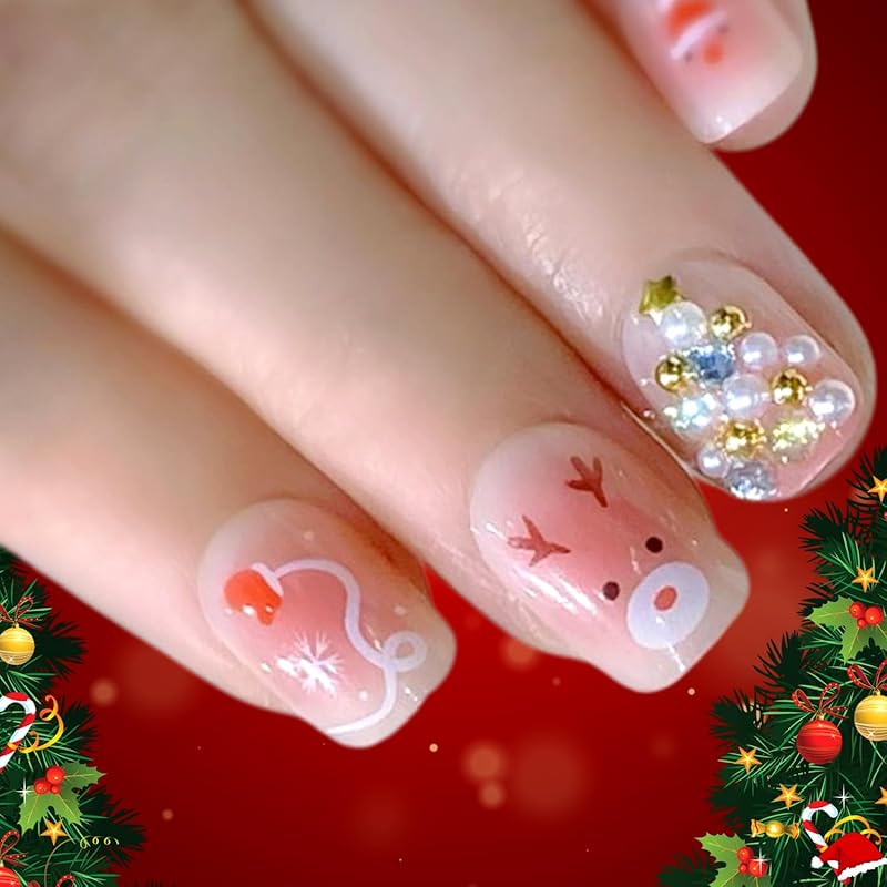 Christmas Press on Nails Short Square Red Fake Nails with Candy Cane Line Snowflake Glossy Designs Full Cover Press ons False Nails for Women 24 Pcs