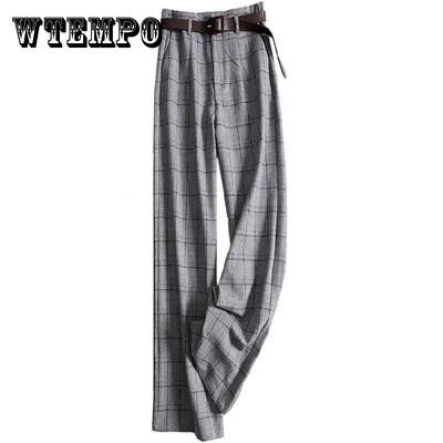 Women Flared Pants Plus Size Loose Casual Plaid Long Trouser Luxury Designer Women Pants with Belt