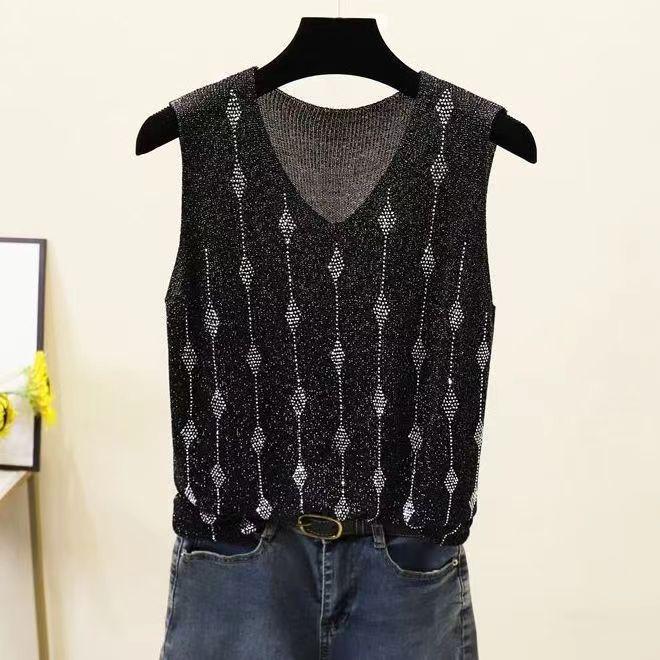 2023 Shiny Silk Sleeveless V-Neck Women's Vest - Spring/Summer New Style, Loose Fit with Hot Diamond Sling Knitted Design