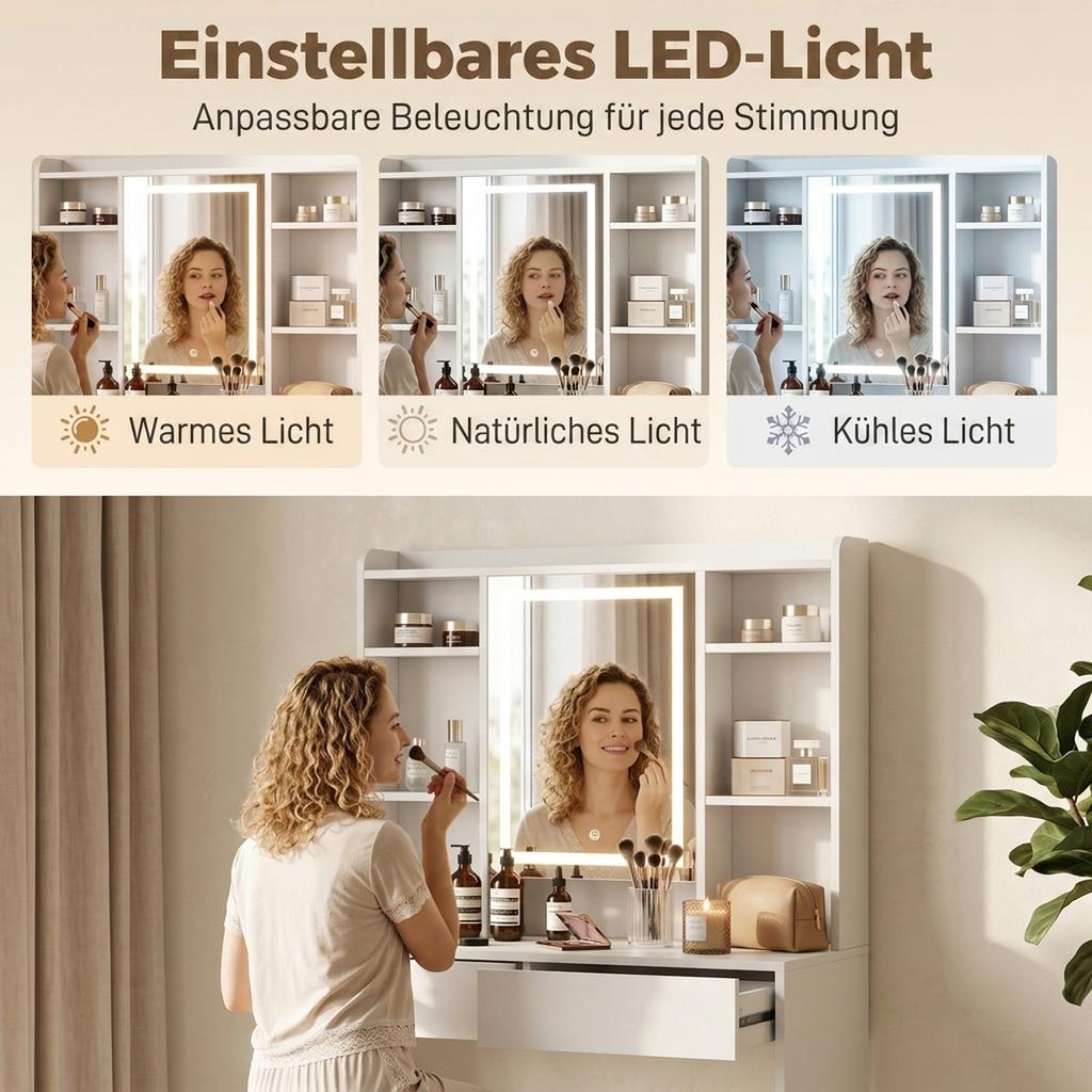Makeup Vanity Table with Mirror Cabinet, LED Lighting, 2 Drawers, White