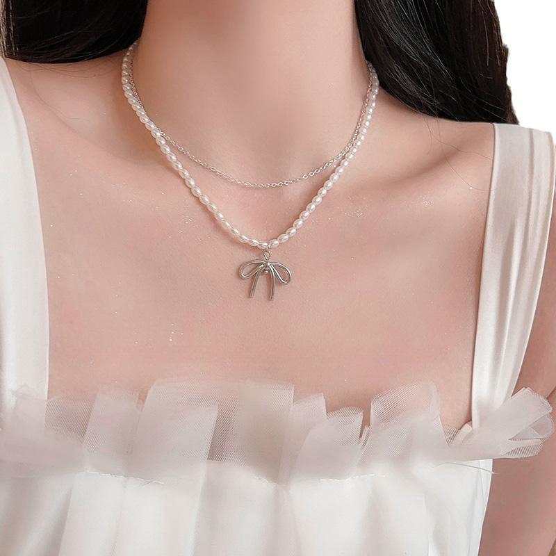 Bow Pearl Double-Layer Necklace 2024 Hot Clavicle Chain High-End Light Luxury Niche Necklace Accessory for Women