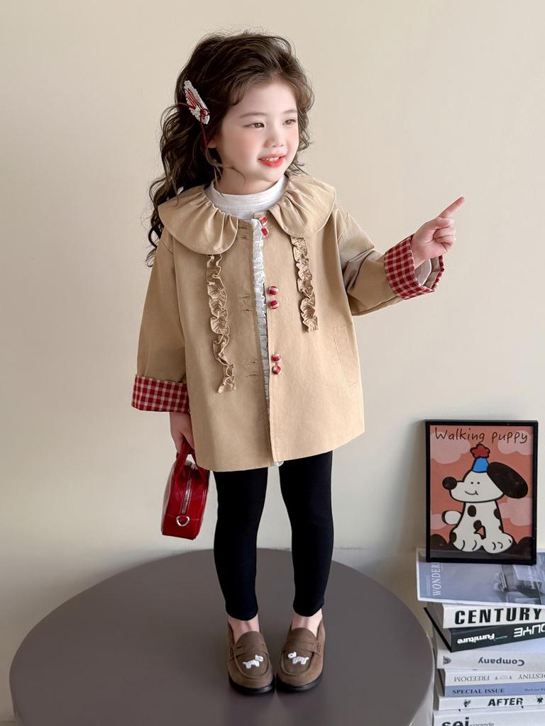 Mädchen karierter mittellanger Trenchcoat mit Peter-Pan-Kragen - 2025 Frühling & Herbst Mode Oberbekleidung