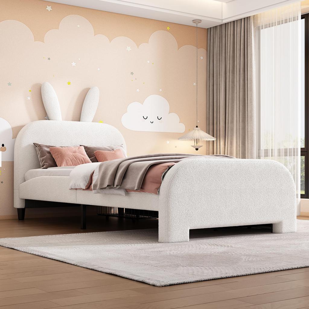 Children's Bed 90x200cm Cartoon Rabbit Shape Slat Frame Wood Sheep's Wool Two Drawers Adult/ Youth Without Mattress