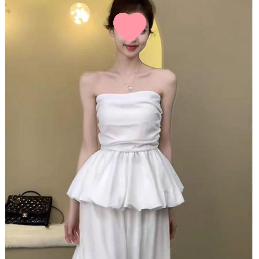 Off-Shoulder French Pleated Bandeau: Cinched Waist, Sweet & Spicy Bud-Shaped Slim-Fit Camisole, New Elegant Summer Design. Medium белый