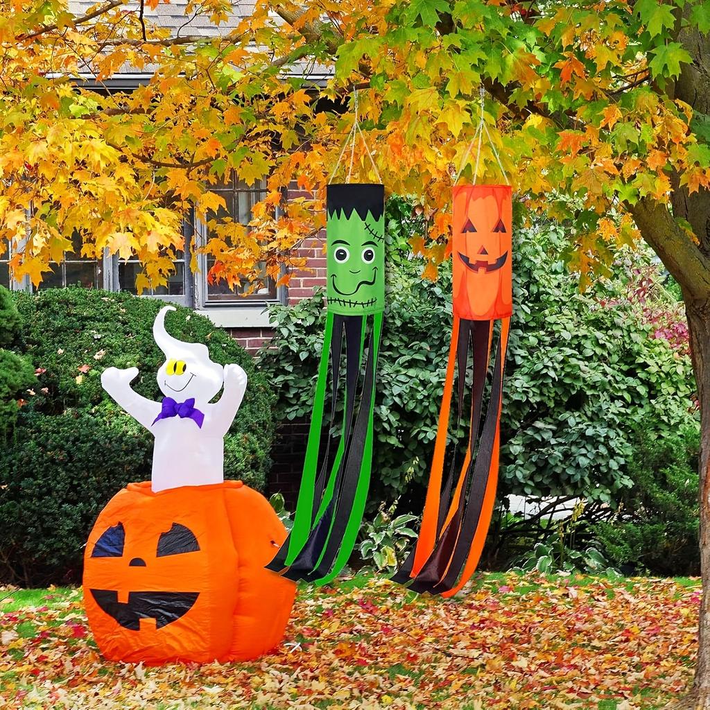 1Halloween Weathervane Spooky Wind Indicator Polyester Windsock Flag Lightweight Hanging Ornament For Outdoor Yard Lawn Porch
