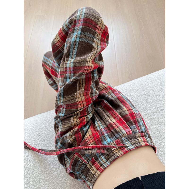 Retro Czerwone Spodnie w Kratę Damskie na Wiosnę i Jesień Nowe Luźne Spodnie z Szerokimi Nogawkami Wysoki Stan Casualowe FloorFashion