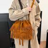Korean Style Suede Handbag PU Leather Drawstring Bucket Bag Fashion Tassel Shoulder Bag  Women