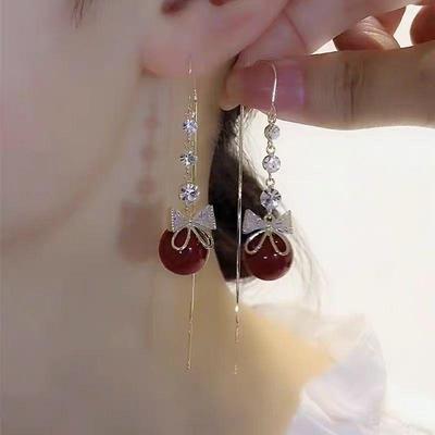 2024 New Korean-Style Red Pearl Tassel Earrings for Women