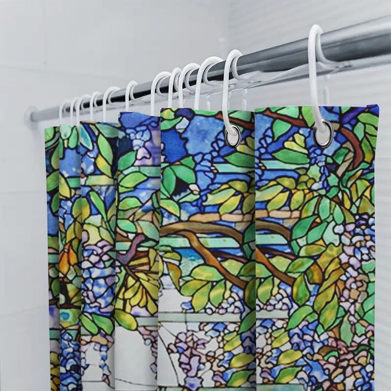 Stained Glass Shower Curtain Colorful Floral Pattern For Bathroom Decoration, Waterproof Fabric Material, Custom Size Available