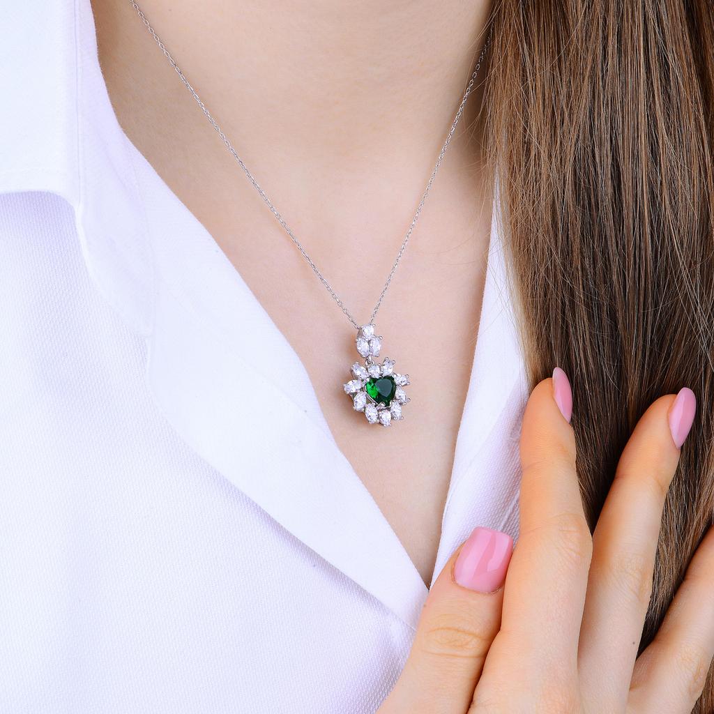 Emerald Stone Silver Jewlery Set, Heart Cur Emerald Stone Earring, Necklace & Ring with CZ, Daily Wear Jewelry Set, Gift Idea for Her