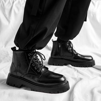 Fashion Men's Casual Business Office Platform Boots Lace-up Natural Leather Shoes Cowboy Spring Autumn Chunky Boot Black Ankle Botas Man
