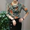Women's Long Sleeve Print Bottoming Shirt Spring Autumn New Print Mesh Round Collar Pullovers Tshirt L-4XL