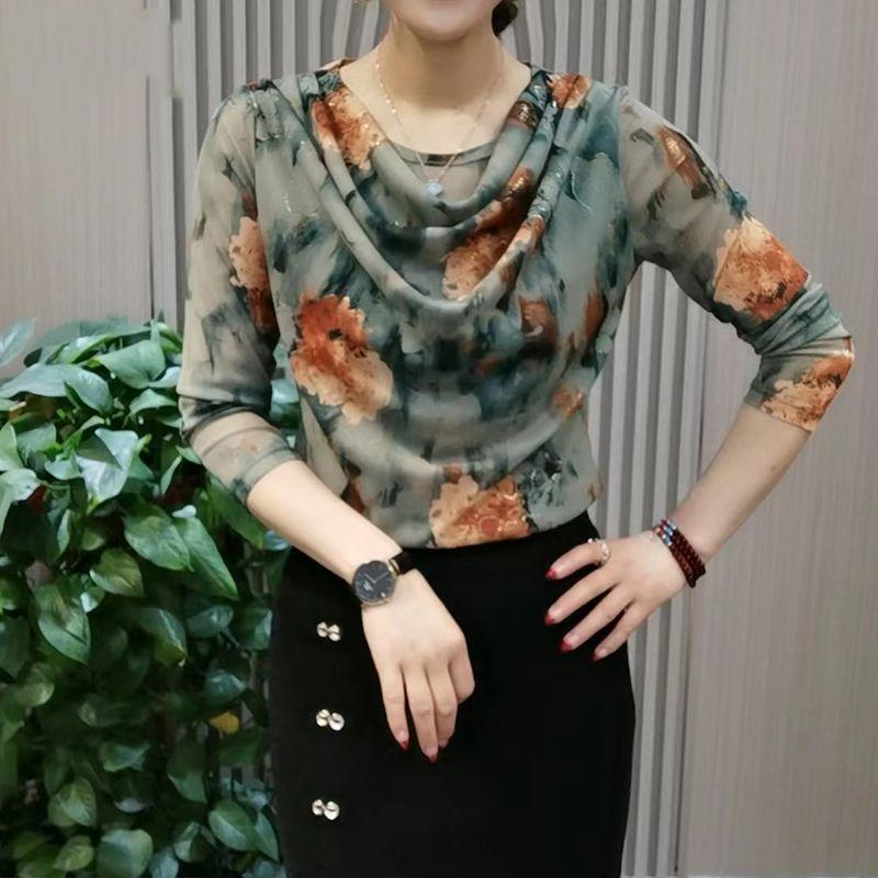 Women's Long Sleeve Print Bottoming Shirt Spring Autumn New Print Mesh Round Collar Pullovers Tshirt L-4XL