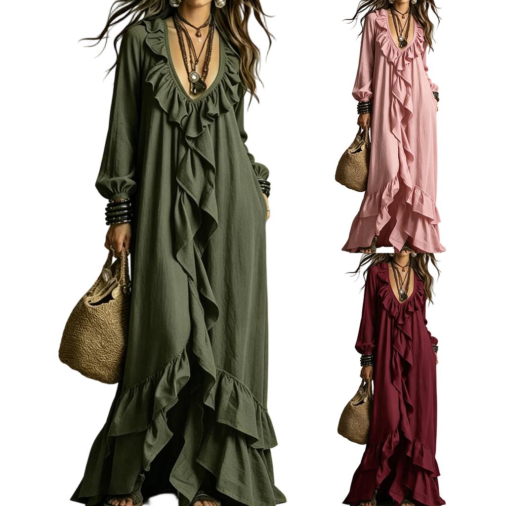 Women Casual Long Sleeve Dress V Neck Ruffle Trim Maxi Dress Retro Style Loose Fit Bohemian Dress