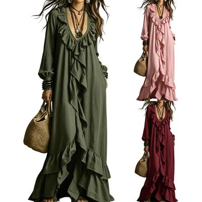 Women Casual Long Sleeve Dress V Neck Ruffle Trim Maxi Dress Retro Style Loose Fit Bohemian Dress
