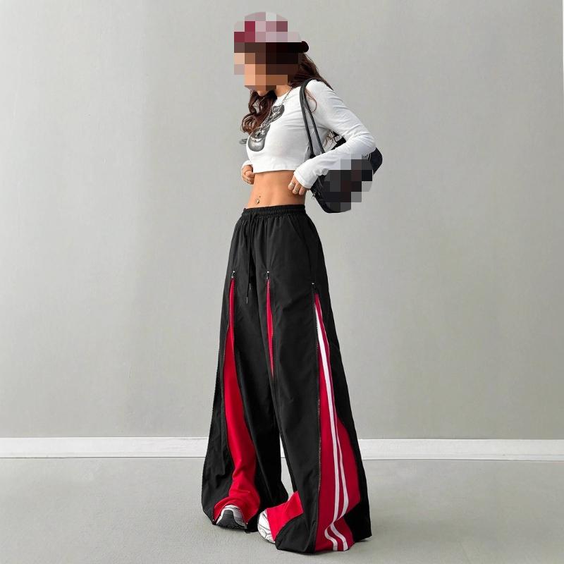 Street-style Hot Girl Patchwork Hip-hop Zipped Patchwork Retro Loose Floor-length Pants