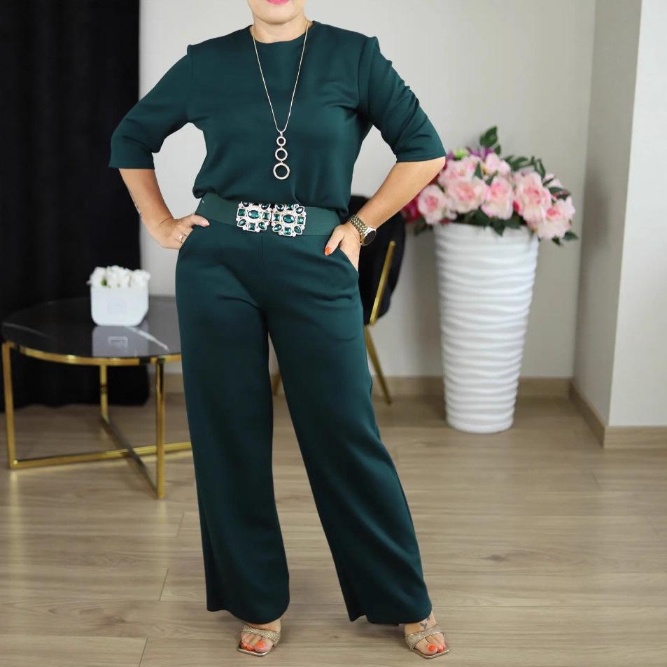 2025 Women's Solid Color Round Neck Long Sleeve Top and Belted Pants 3-Piece Set