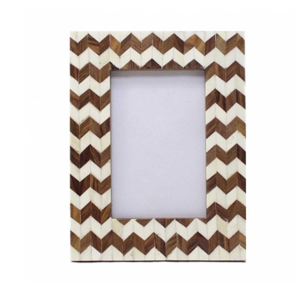 Bone Inlay Picture Frame | Brown White Zigzag Pattern | Wooden Table Photo Frame