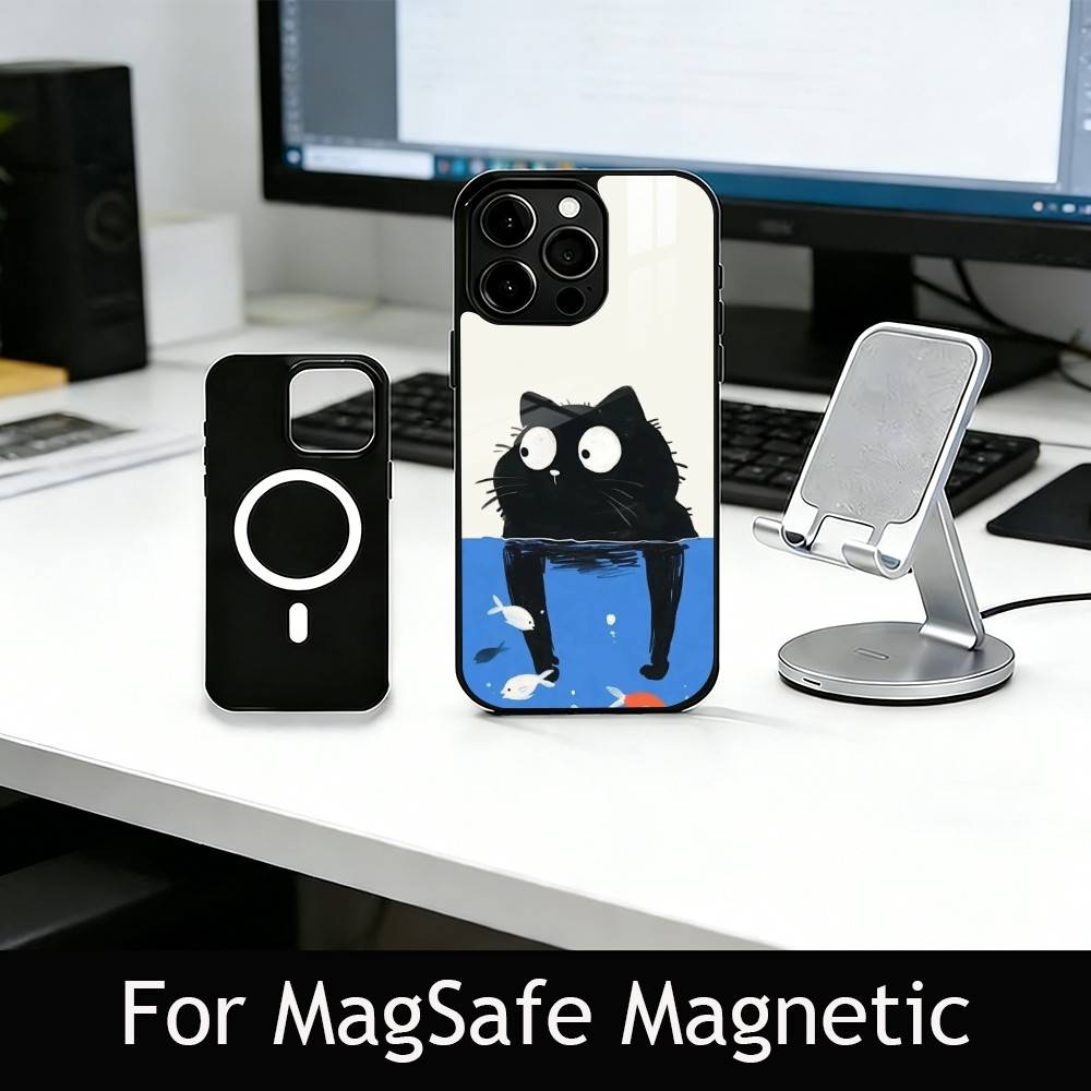 Cute Black Cat Illustration Phone Case For iPhone17,16,15,14,13,12,11 Plus,Pro Magnetic For Magsafe Wireless Charging