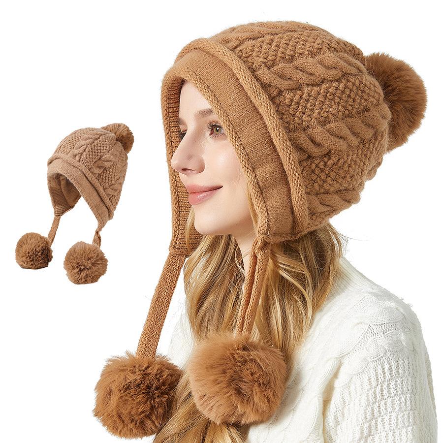 Women's Winter Thick Ear Protecting Three Hair Ball Rabbit Hair Knitted Hat Outdoor Riding Warm Hat