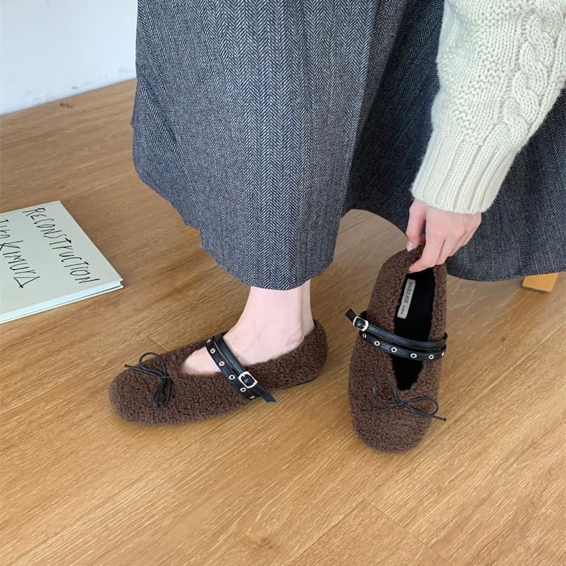 2025 Autumn and Winter Comfortable Versatile Round Head Soft Sole Cotton Shoes Bow Belt Buckle Flat Bottom Fluffy Shoes