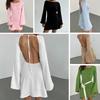 New Sexy Backless Round Collar Cover-Ups Solid Color Knit Beachwear Stylish Horn Sleeve Beach Suit Female Holiday Wrap Dress