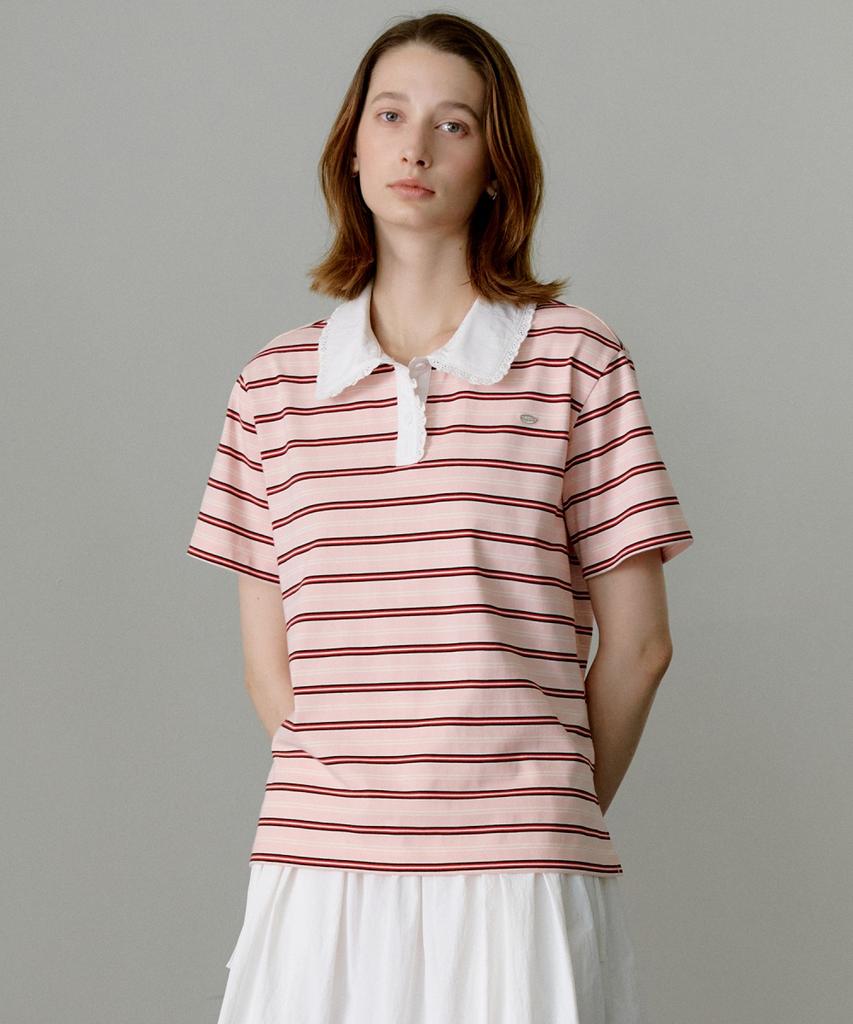 Ollibeudeollibeu Collar Lace Striped Short Sleeve T-Shirt Oe6Me5680