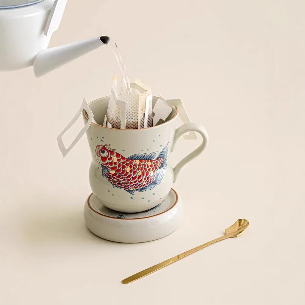 Plant Ash Ceramic Golden Arowana Gold Scale Gourd Shape With Spoon Office Drinking Water Personal Cup Water Cup