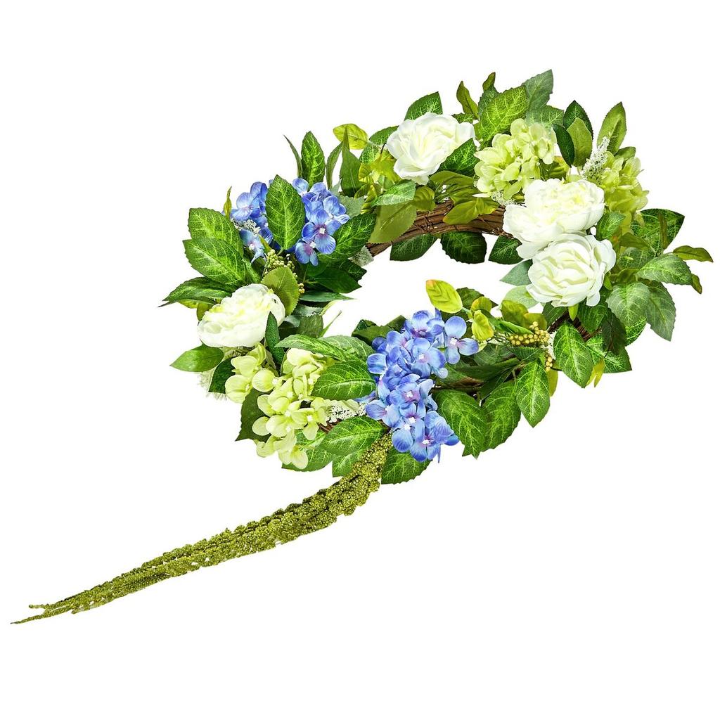 Künstlicher Dekorativer Kranz 23 Zoll in Blau Weiß Grün mit Hortensien Rosen