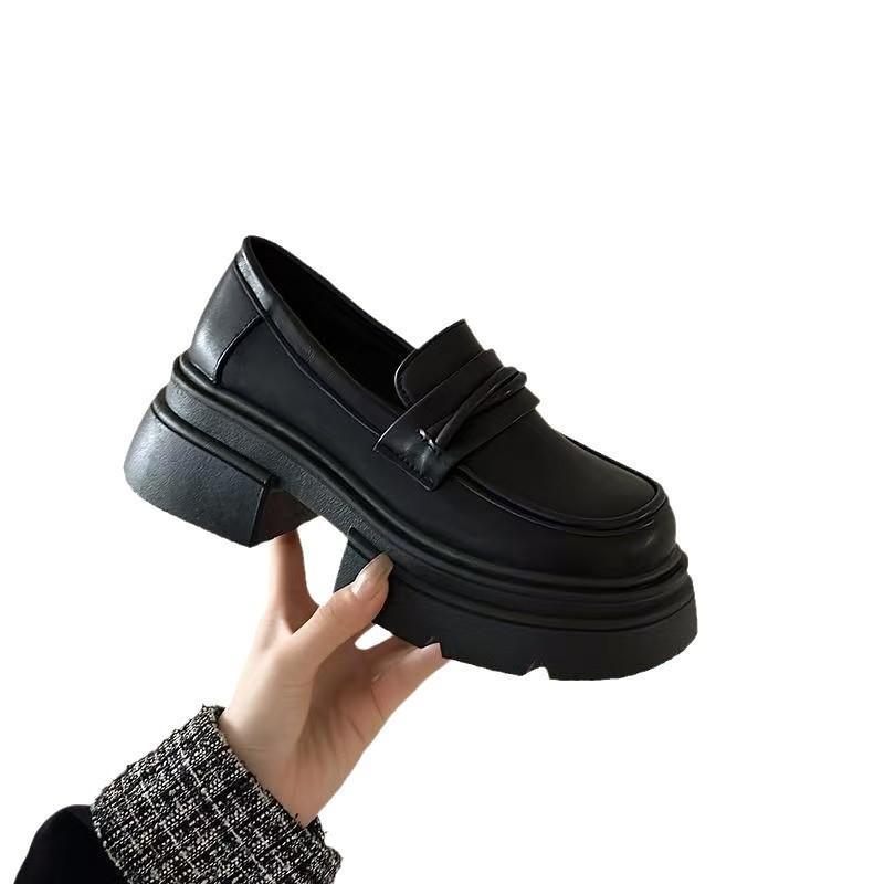 Platform Thick Heel British Style Small Leather Shoes Women's 2025 New Spring and Autumn One-pedal Women's Shoes Single Shoes Black Loafers