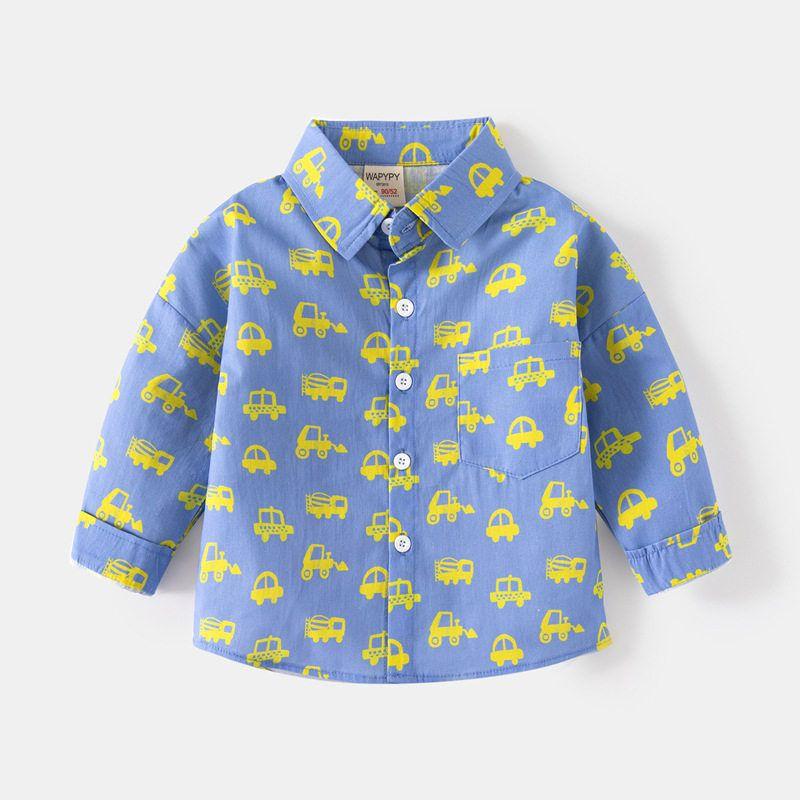 Children's Long-Sleeved Dinosaur Shirt, Spring and Autumn Boys' Cartoon Car Shirt, Baby Boy's Lapel Sun Rainbow Top