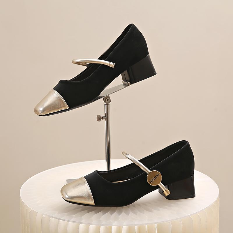 

Leisure Classic Pumps Women Buckle Strap Square Mid Heels Square Toe Women Shoes Circle Buckle Metal decoration Mary Jane Shoes 34 чёрный