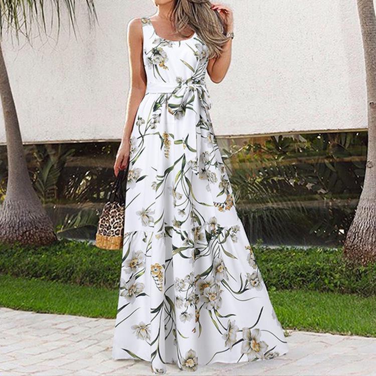 Summer Print Casual Long Dress with Belt, European & American Style