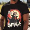 Herren Spaß "Katze Rückzieher" Vampir Katze Zieh Dracula T-Shirt Lässig Schwarz mit Roten Gotischen Buchstaben und Vampir Fledermaus