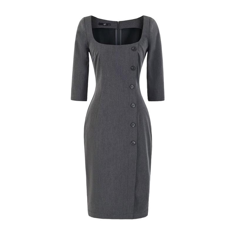 

Women s Gray Seven-Sleeve Waist-Cinched Elegant Square Neck Slim Fit Retro Dress for Spring/Summer M темно-серого