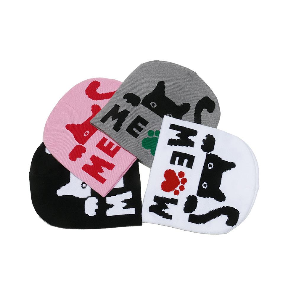 Autumn and winter pullover hat letter cat jacquard knitted hat student cute cold hat winter hat woman
