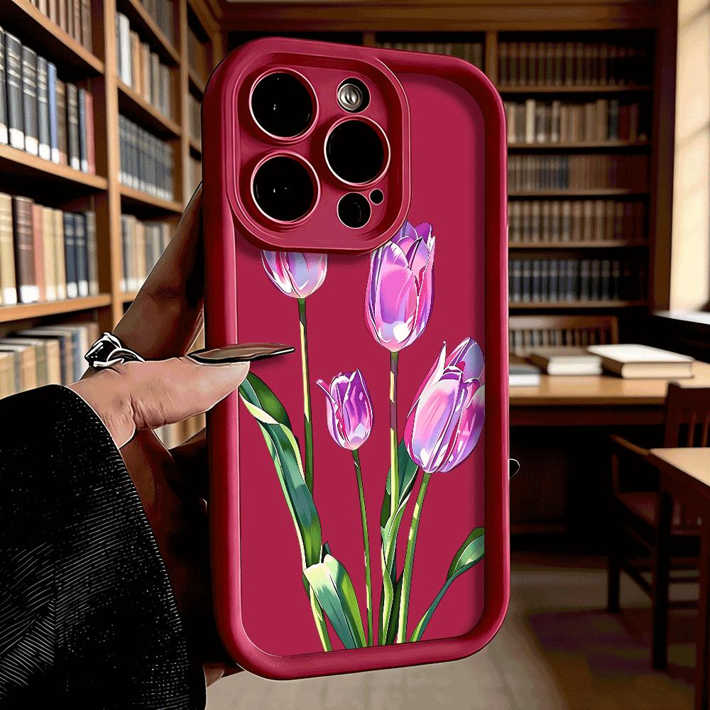 Pink Purple Tulips Bouquet Soft TPU Phone Case for iPhone 17 16 15 14 13 12 11 Pro Max Plus Shockproof Anti-Slip Cover