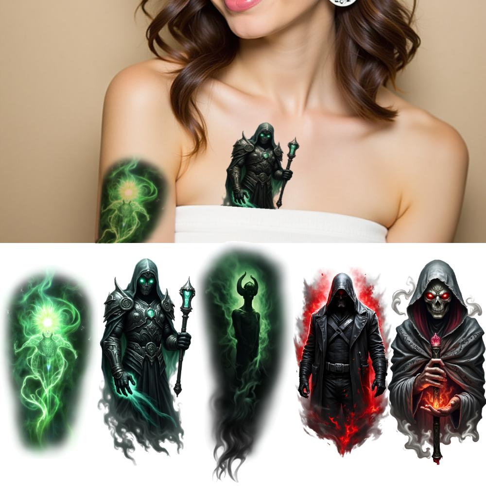 3pcs Temporary Tattoo Waterproof Long-lasting Body Stickers Skeleton Wizard Dark Magician Hooded Mage For Arms Adults Thighs
