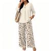 Women Casual Button Front Top with Three Quarter Sleeves and Printed Wide Leg Pants Two Piece Set Lightweight Comfortable Outfit