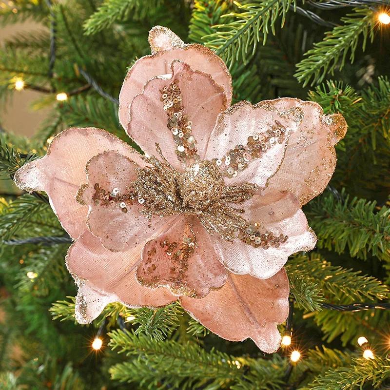 Christmas Flowers Glitter Artificial Flower Xmas Tree Hanging Ornaments DIY Garlands Home Wedding New Year Party Decoration Gift